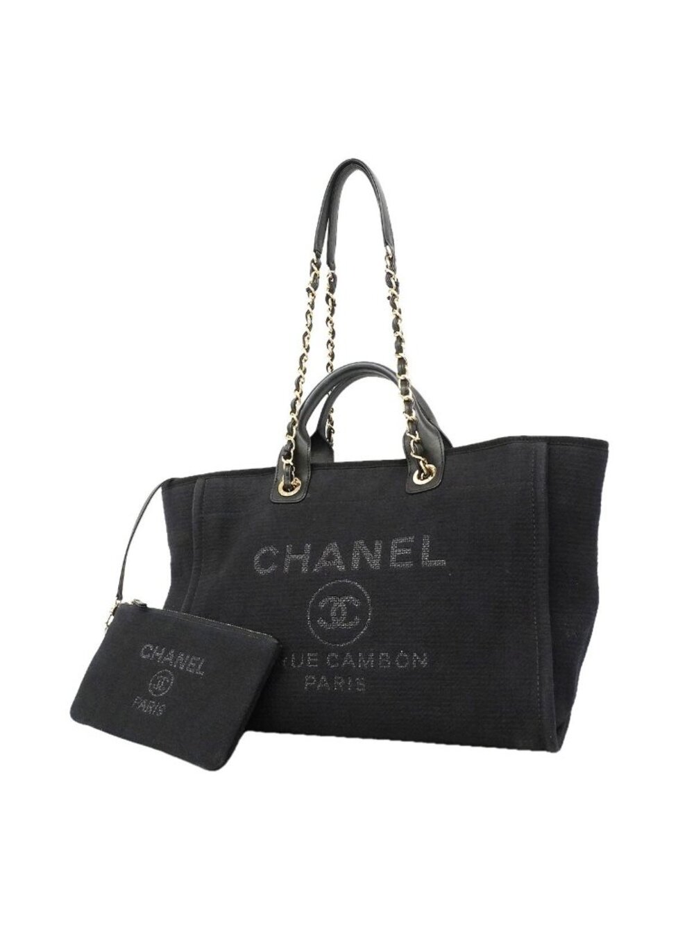Chanel Chain Tote Bag Deauville Canvas Black Champagne Gold 2-Way Back